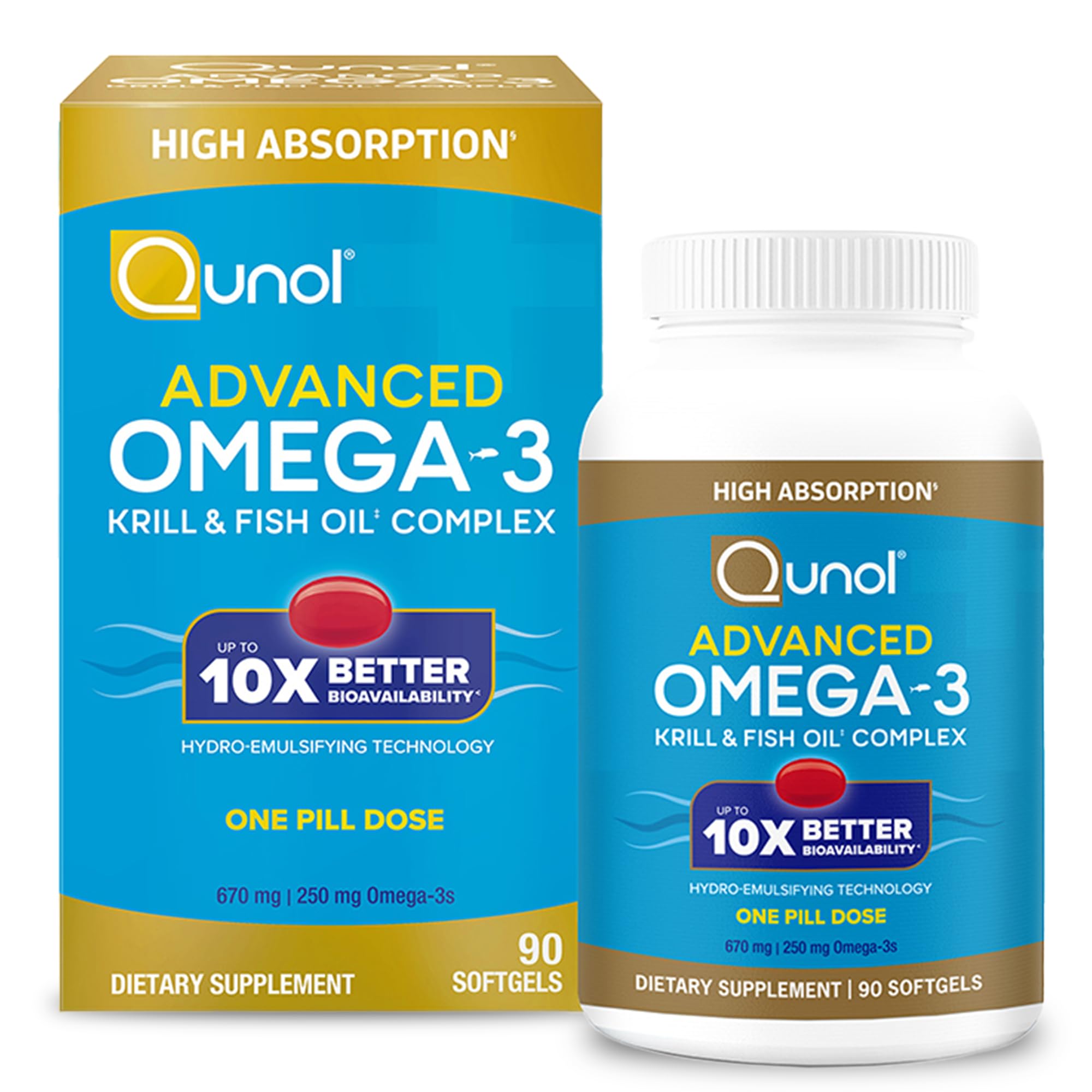 Qunol Advanced Omega-3 Krill and Fish Oil bottle on shelf, premium formula highlight