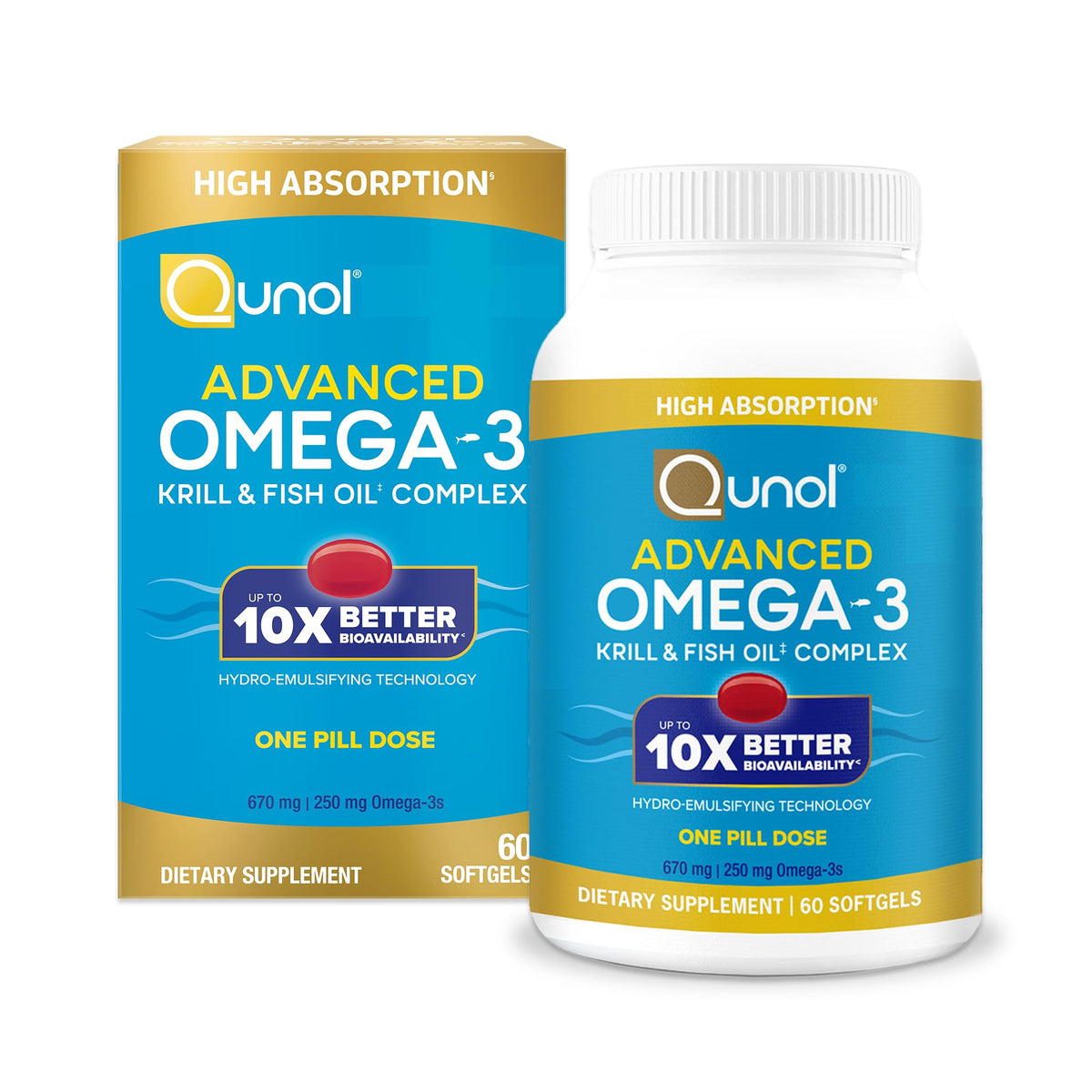 Qunol Advanced Omega-3 krill-fish oil complex bottle on a shelf for daily wellness.