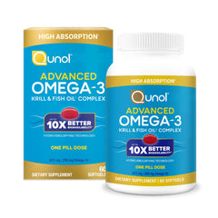 Qunol Advanced Omega-3 krill-fish oil complex bottle on a shelf for daily wellness.