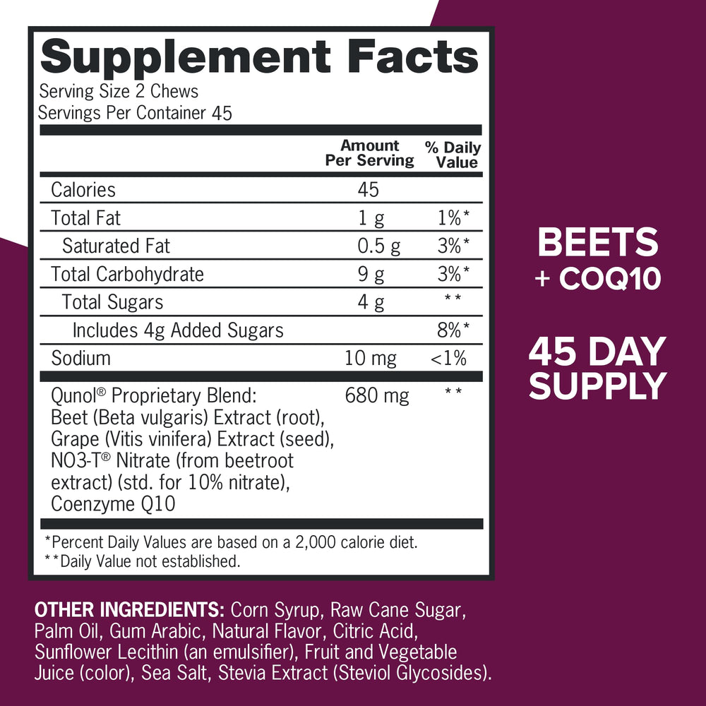 Qunol Beets Chews serving-size label indicating easy daily use