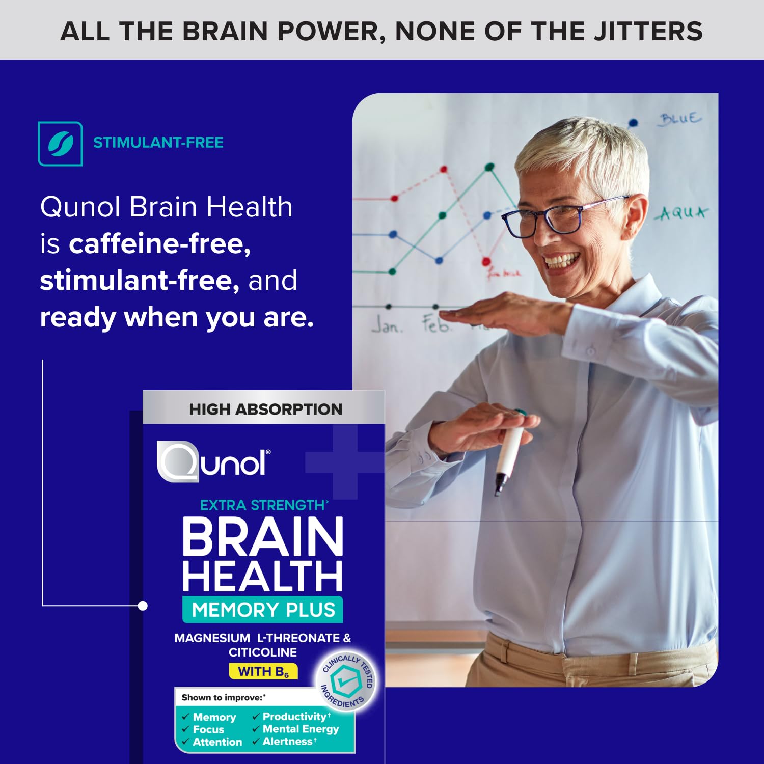 Qunol Brain Health Memory Plus packaging with modern wellness design.