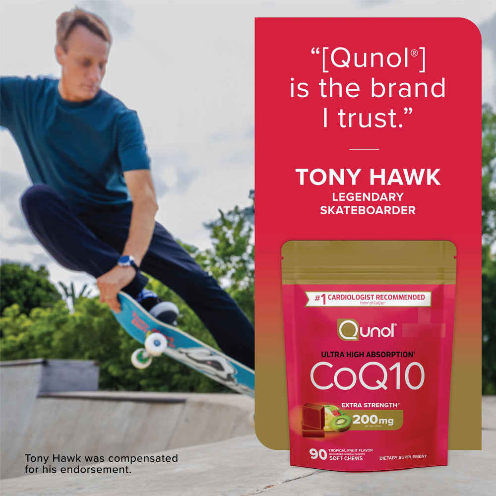 Qunol CoQ10 soft chews on a modern desk packaging scene.