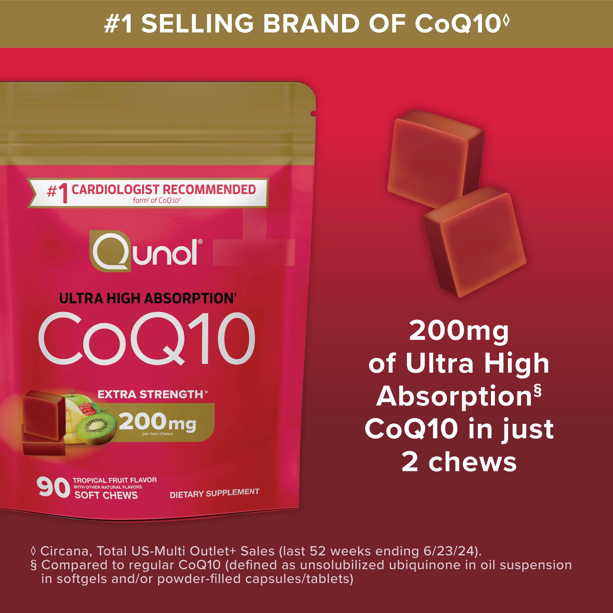 Heart health illustration with Qunol CoQ10 chews on tray.