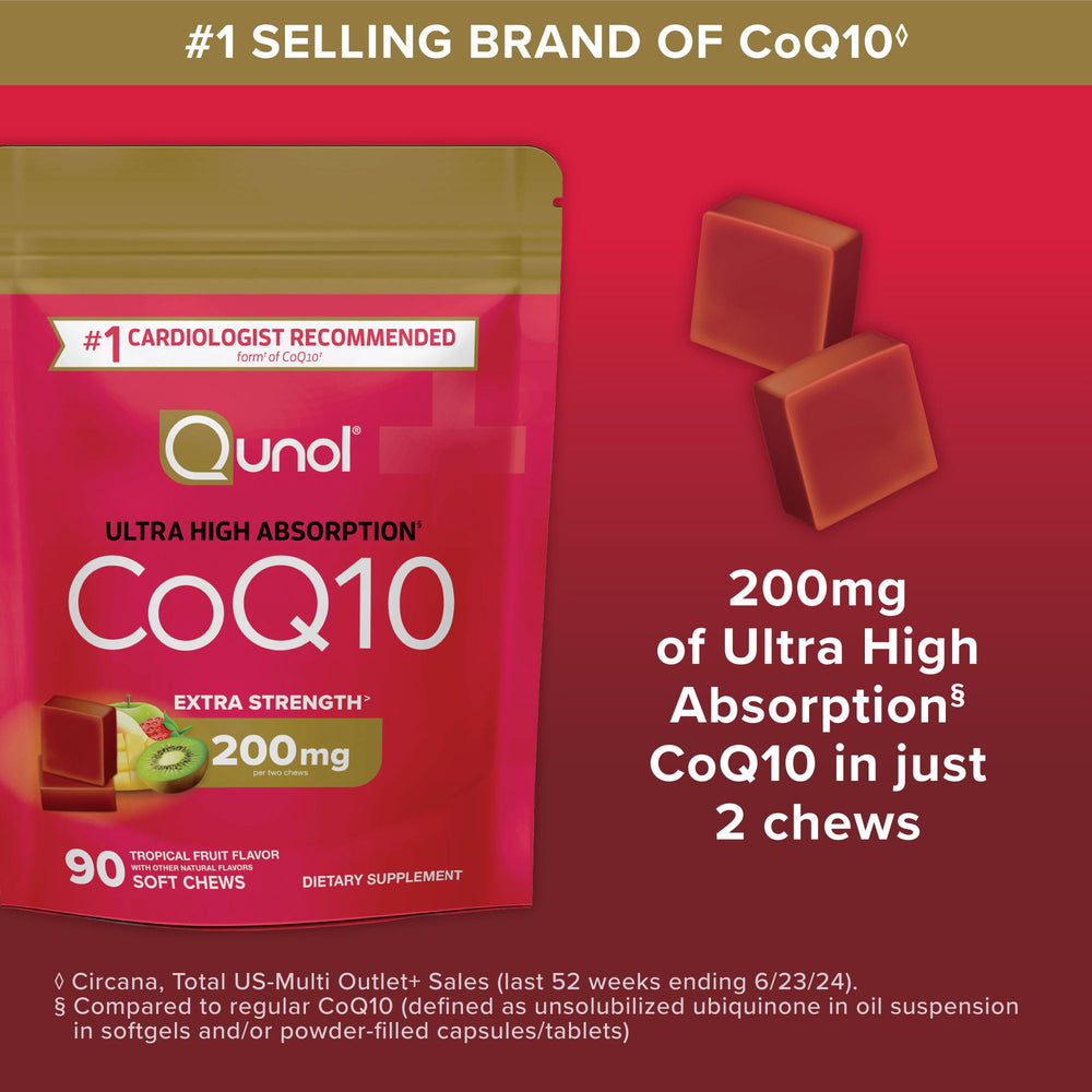 Heart health illustration with Qunol CoQ10 chews on tray.