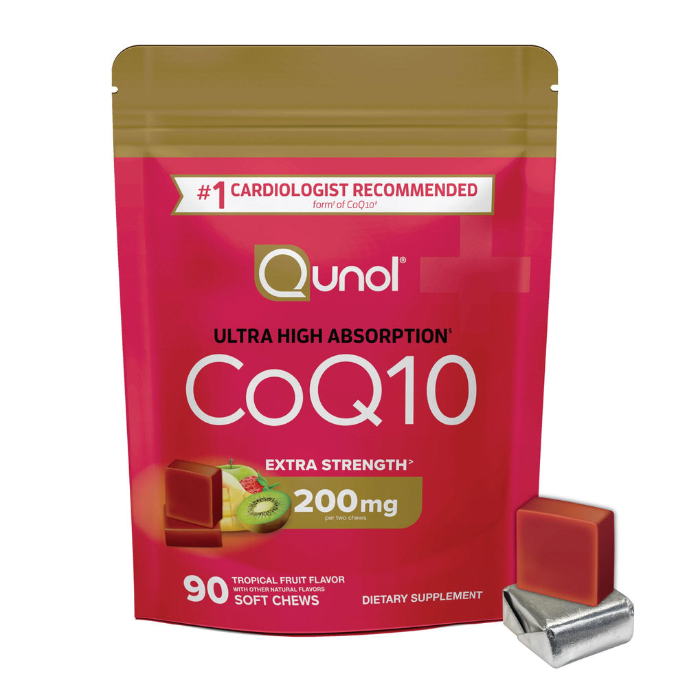 Qunol CoQ10 200mg soft chews packaging front for daily wellness.