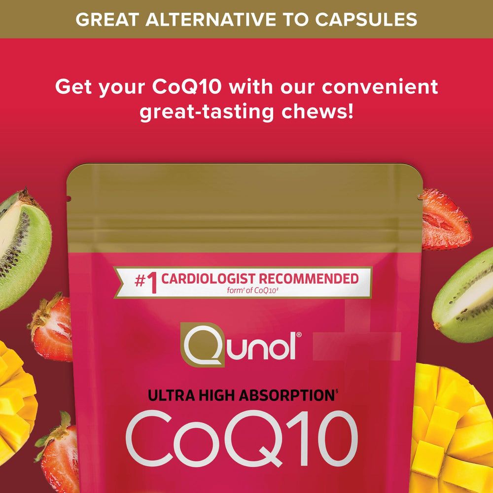 Qunol CoQ10 soft chews bottle closeup notes statin compatibility.