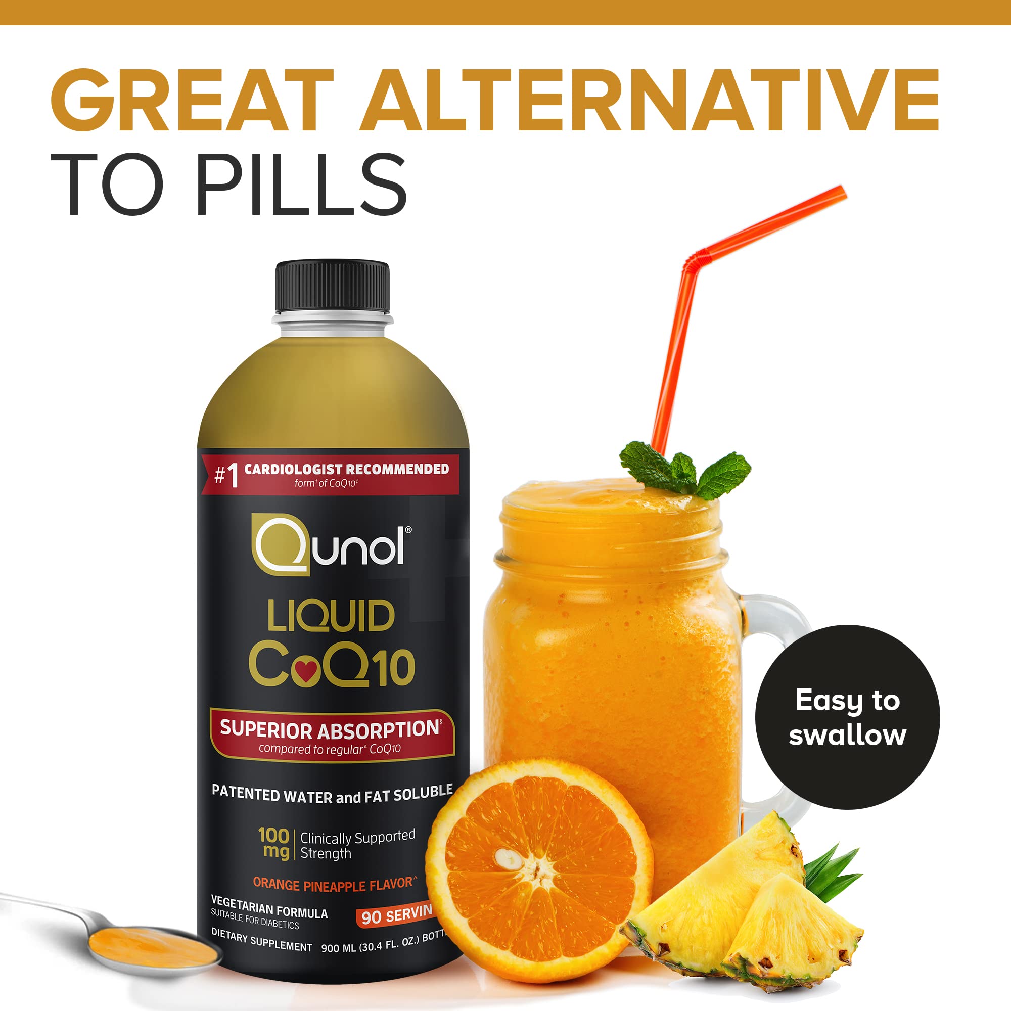 Qunol CoQ10 bottle pour shot showing convenient measurement for quick intake.