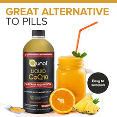 Qunol CoQ10 bottle pour shot showing convenient measurement for quick intake.
