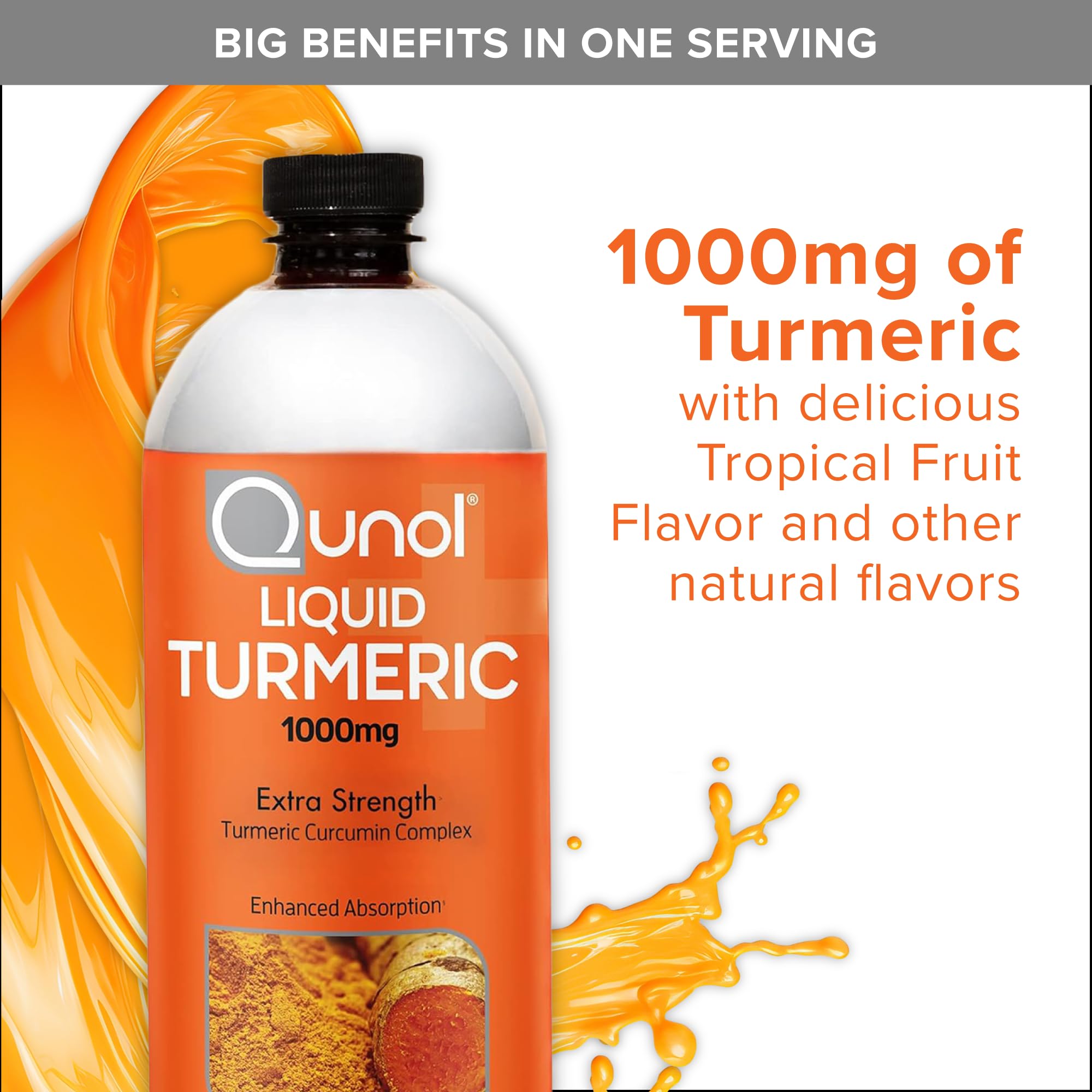 Qunol Liquid Turmeric amber glass bottle with golden turmeric color