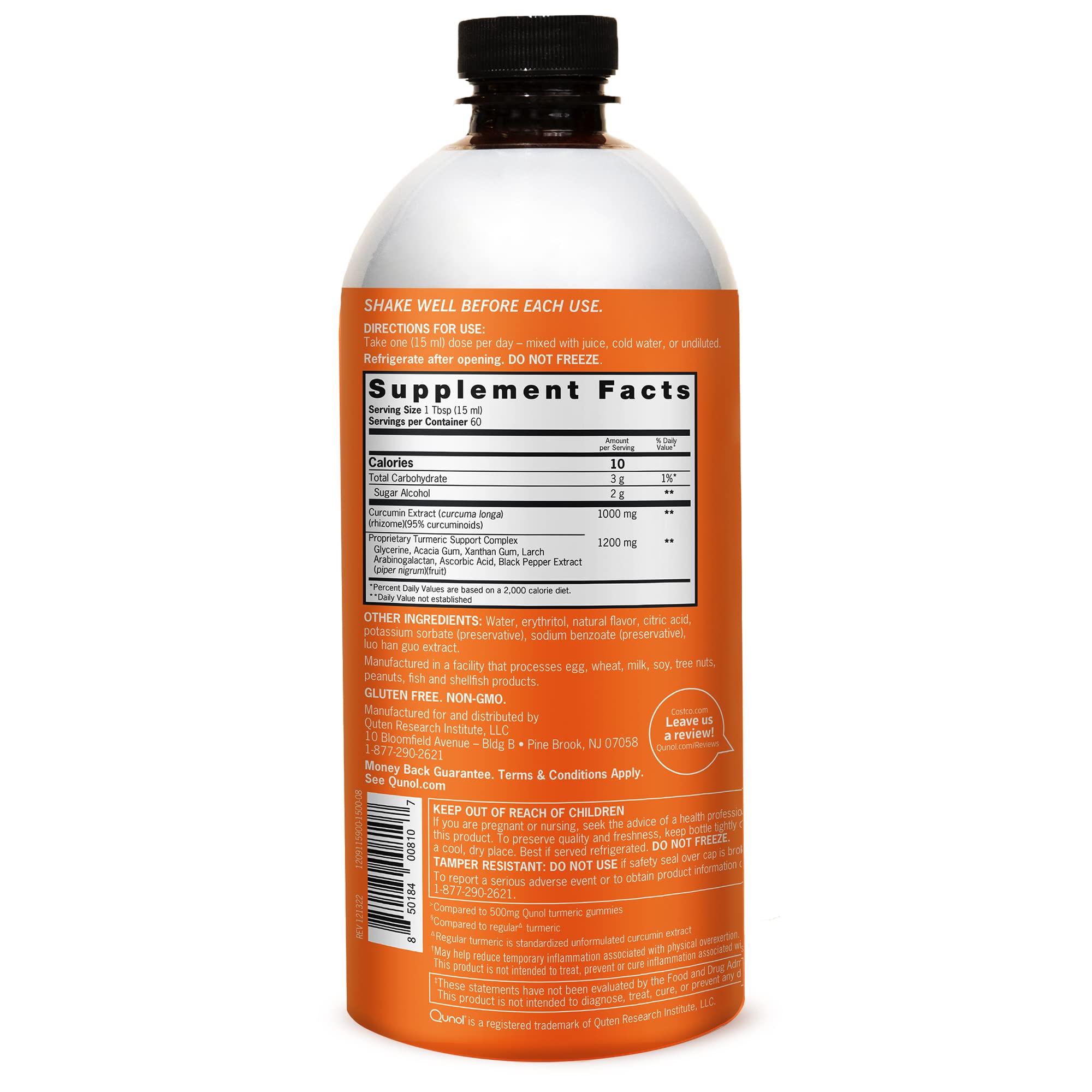 Qunol Liquid Turmeric bottle back label with ingredients and dosage information