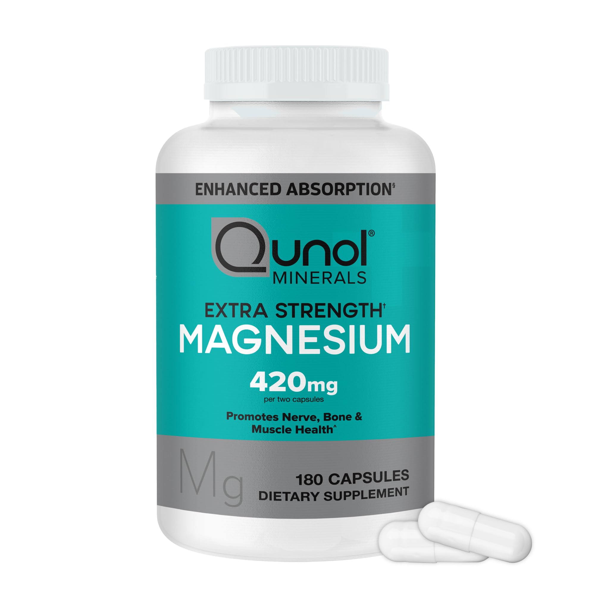 Qunol Magnesium Capsules 420mg bottle demonstrates high absorption for daily mineral support.