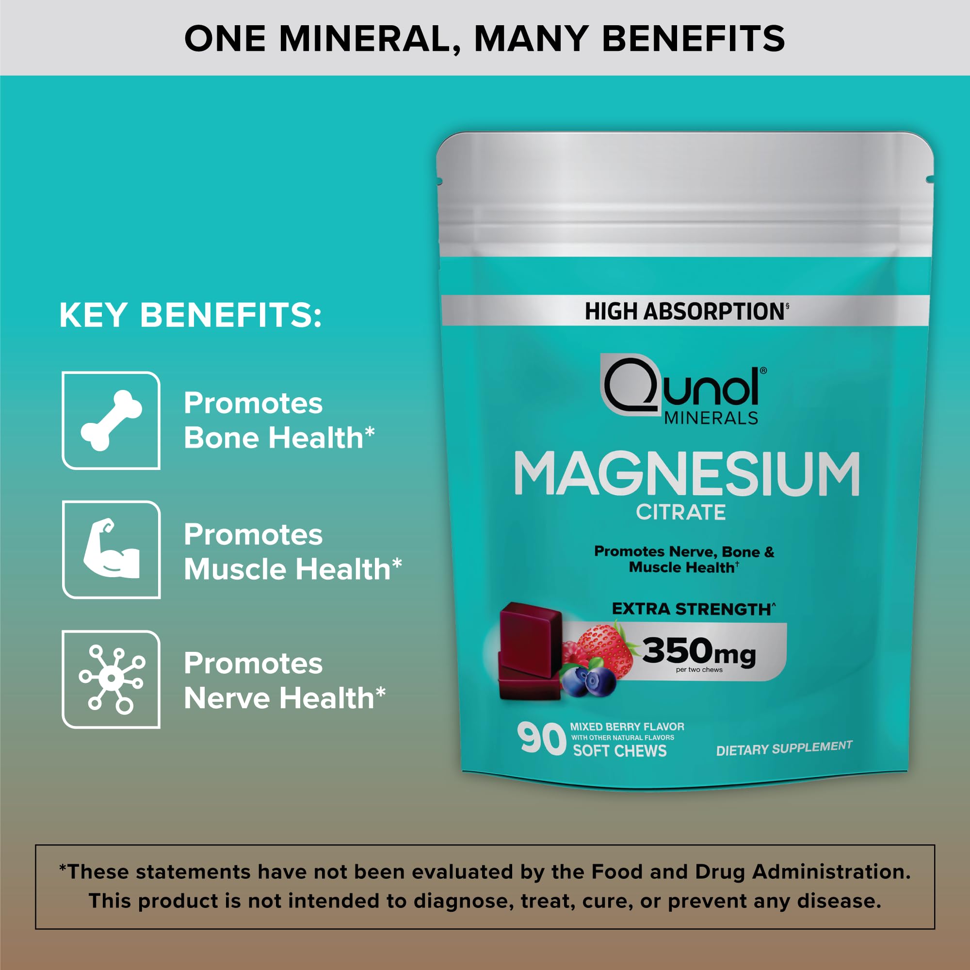 Qunol Magnesium Citrate Soft Chews 90-count bottle promotes easy daily use.