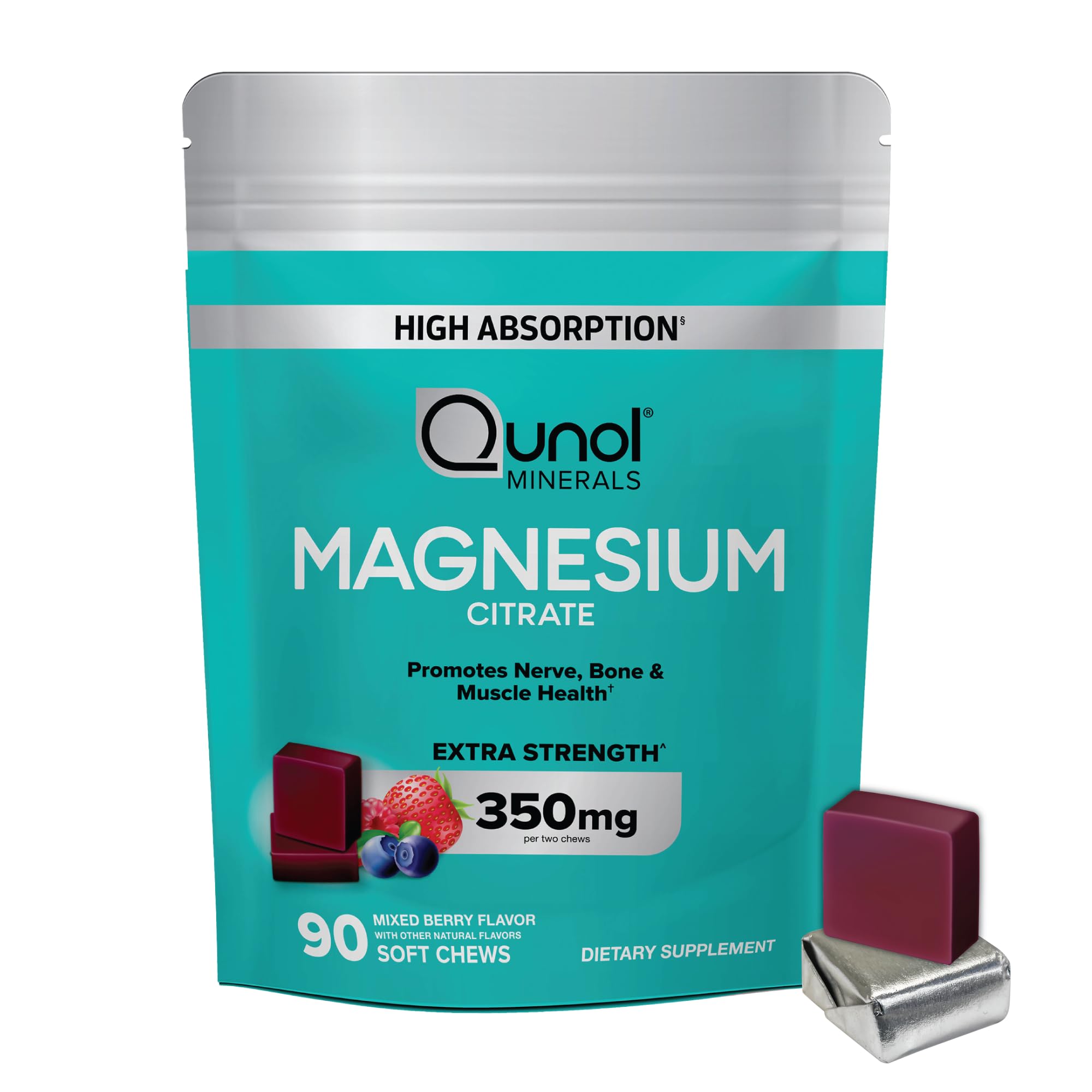 Qunol Magnesium Citrate Soft Chews bottle front highlighting high absorption for nerve and muscle support.