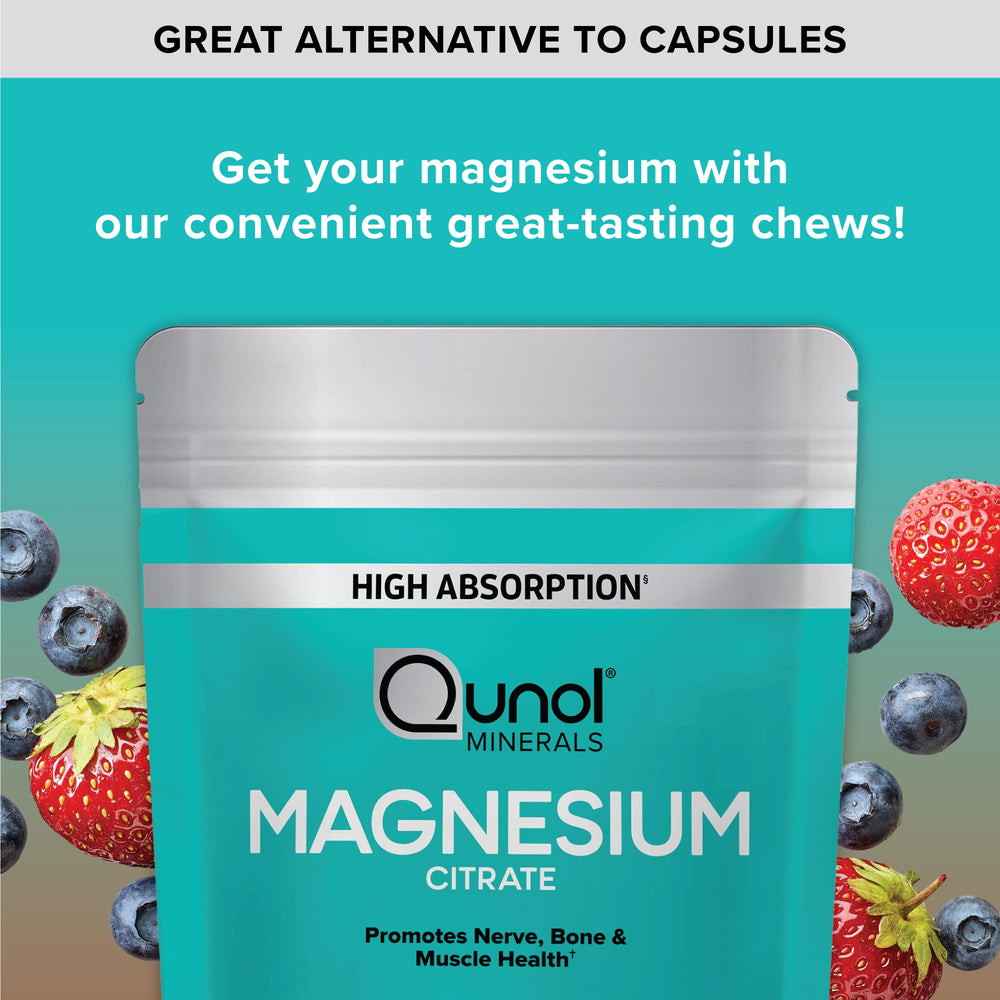 Qunol Magnesium Citrate Soft Chews ingredients list shows gluten-free and vegetarian formula.