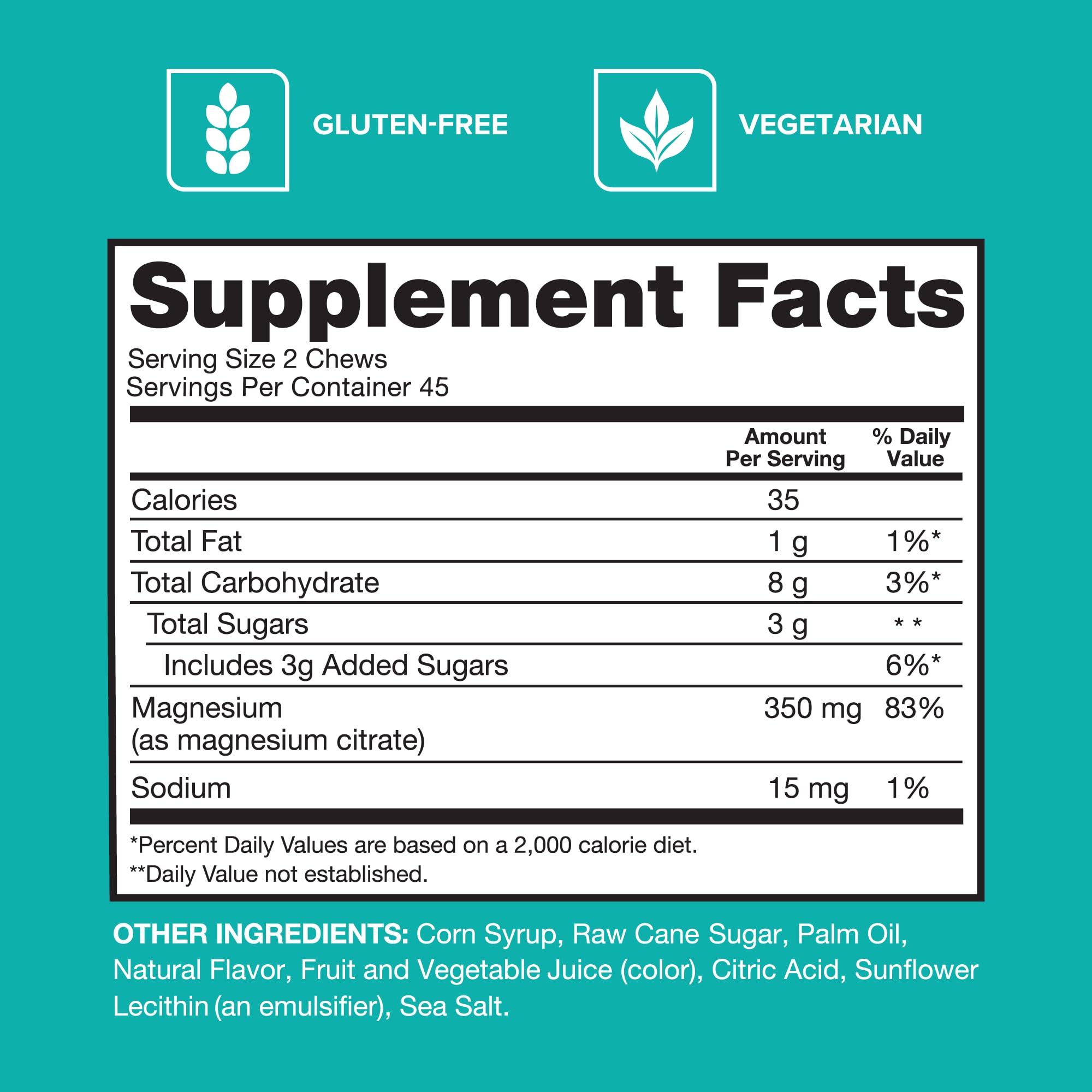 Qunol Magnesium Citrate Soft Chews packaging shows 350 mg elemental magnesium per serving.