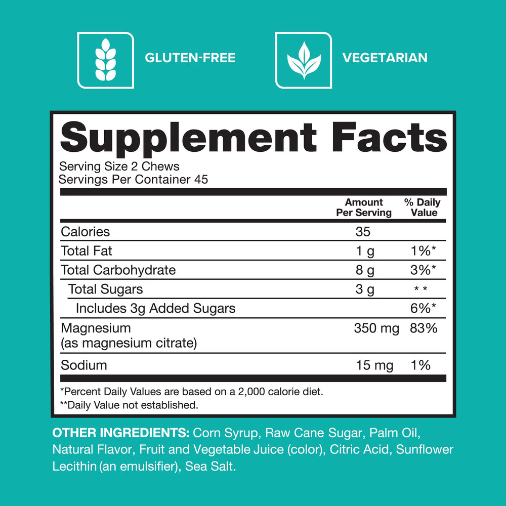 Qunol Magnesium Citrate Soft Chews packaging shows 350 mg elemental magnesium per serving.