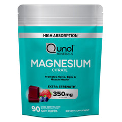 Qunol Magnesium Citrate Soft Chews texture close-up highlighting chewable, gluten-free formula.