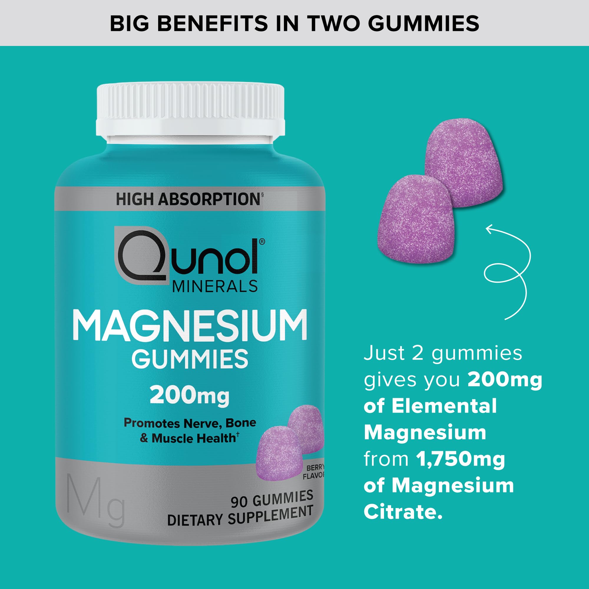 Qunol Magnesium Gummies berry-flavored close-up highlighting tasty, high-absorption magnesium