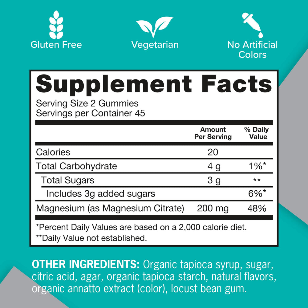 Qunol Magnesium Gummies vegetarian and gluten-free icons on label