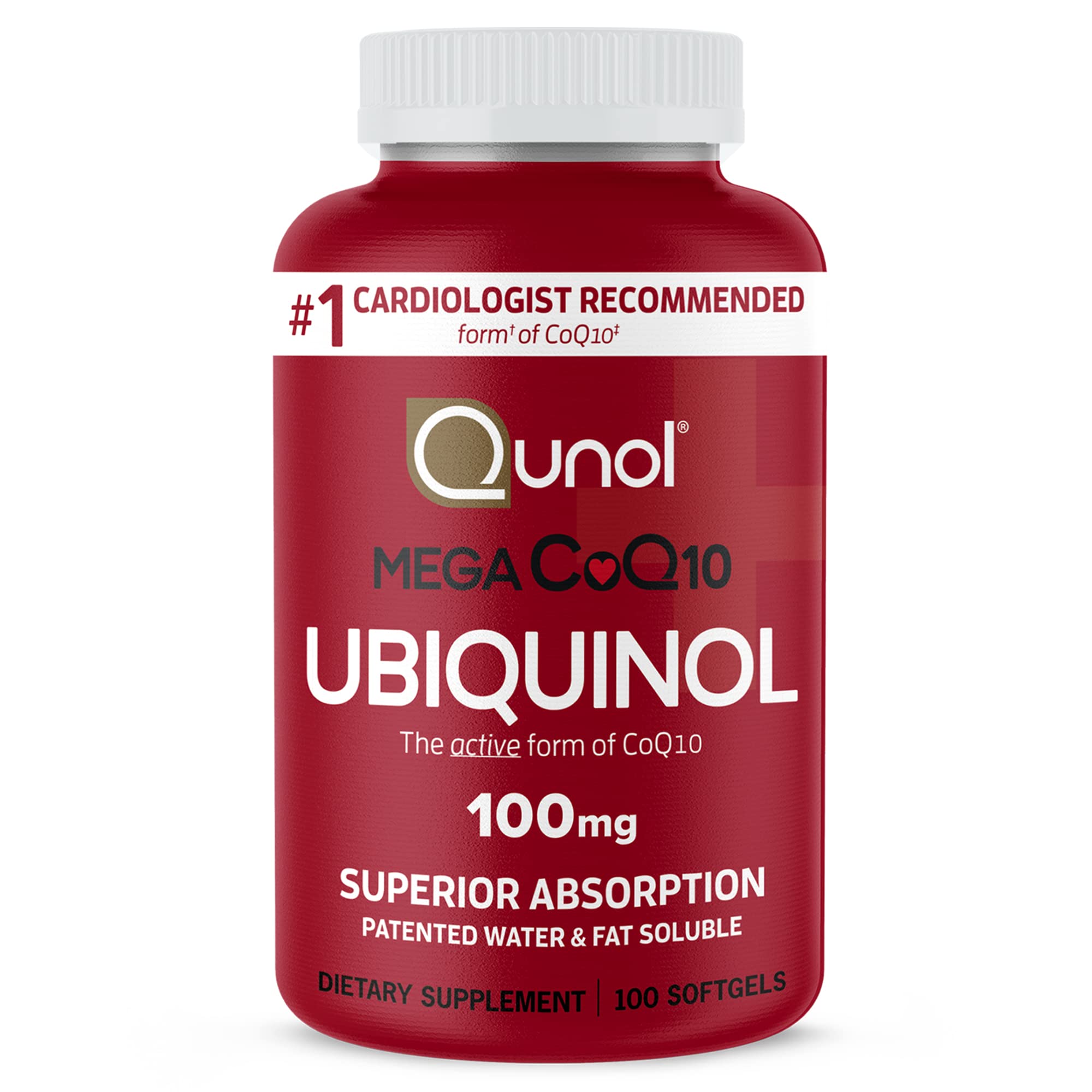 Qunol Mega Ubiquinol bottle front shows superior absorption for daily energy.