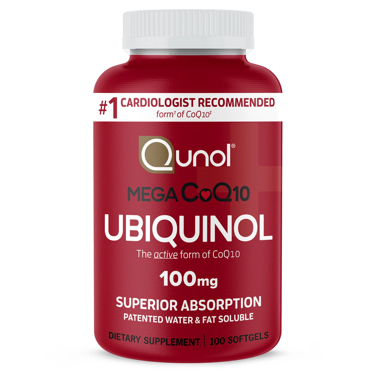 Qunol Mega Ubiquinol bottle front shows superior absorption for daily energy.