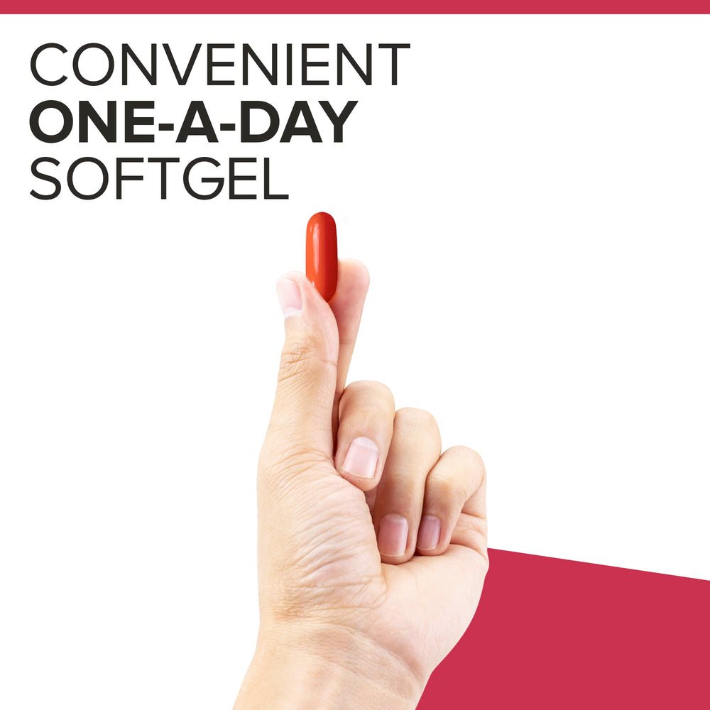 Qunol Mega ubiquinol CoQ10 bottle with capsules on tray for daily routine.