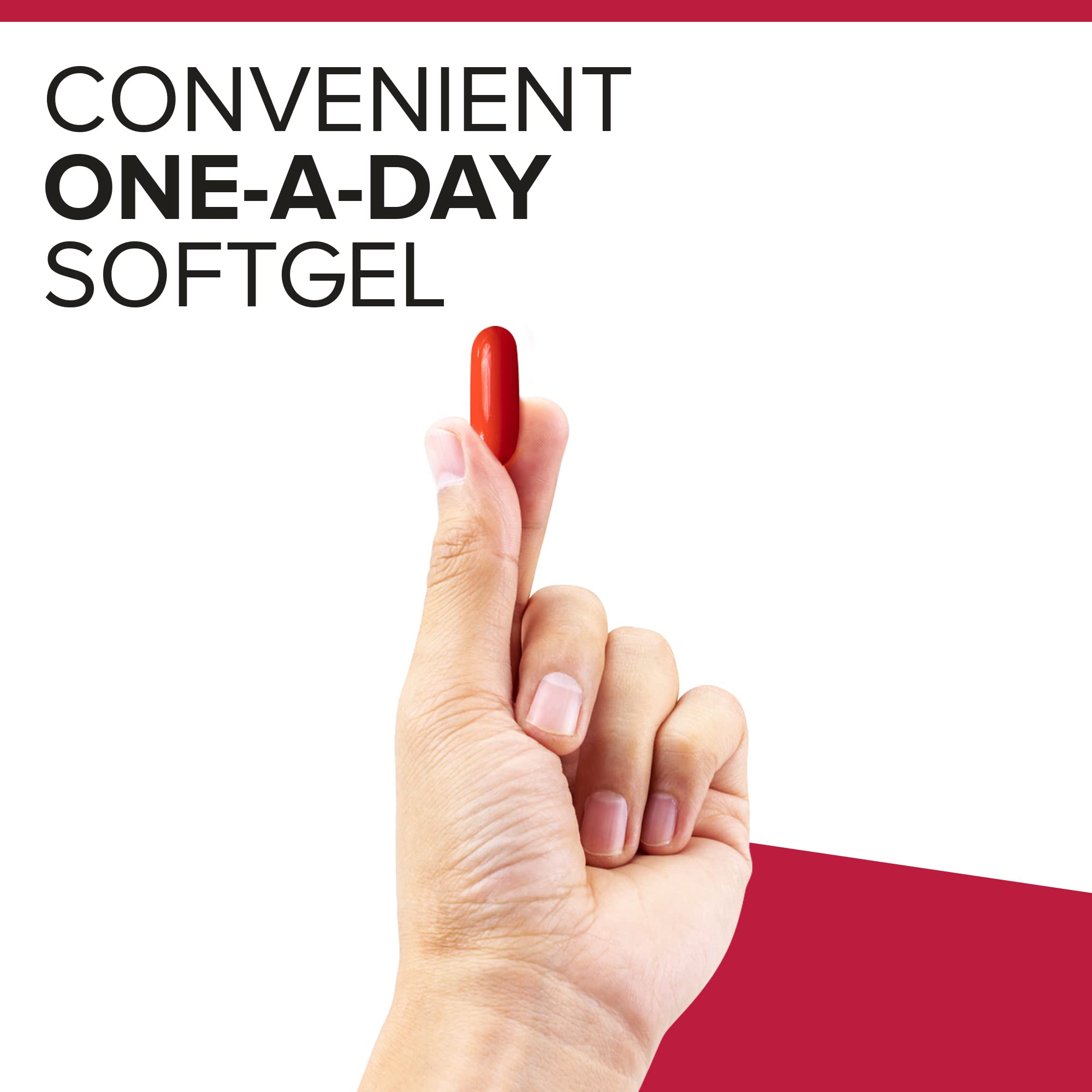Softgels spilled near Qunol Mega CoQ10 bottle illustrating easy dosage and portability.