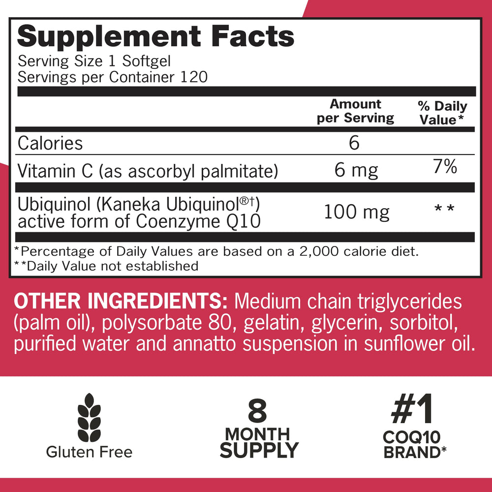 Qunol Mega ubiquinol CoQ10 label close-up highlighting gluten-free formulation.