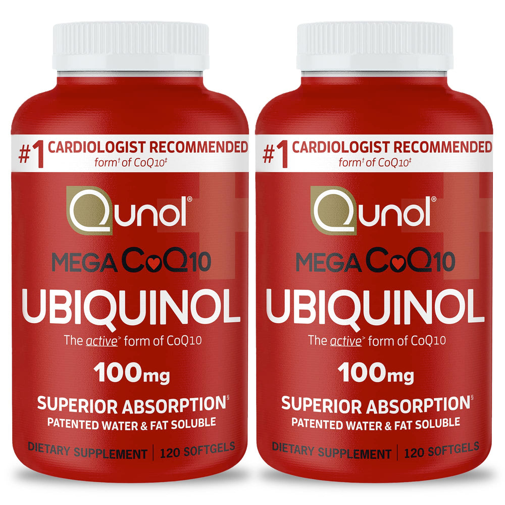 Qunol Mega ubiquinol CoQ10 softgels bottle front view for energy support.