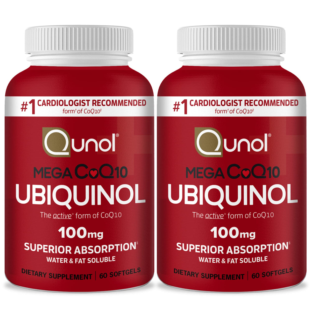 Qunol Mega Ubiquinol CoQ10 softgels bottle front with enhanced absorption for daily support.