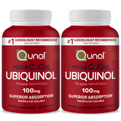Qunol Mega Ubiquinol CoQ10 softgels bottle front with enhanced absorption for daily support.