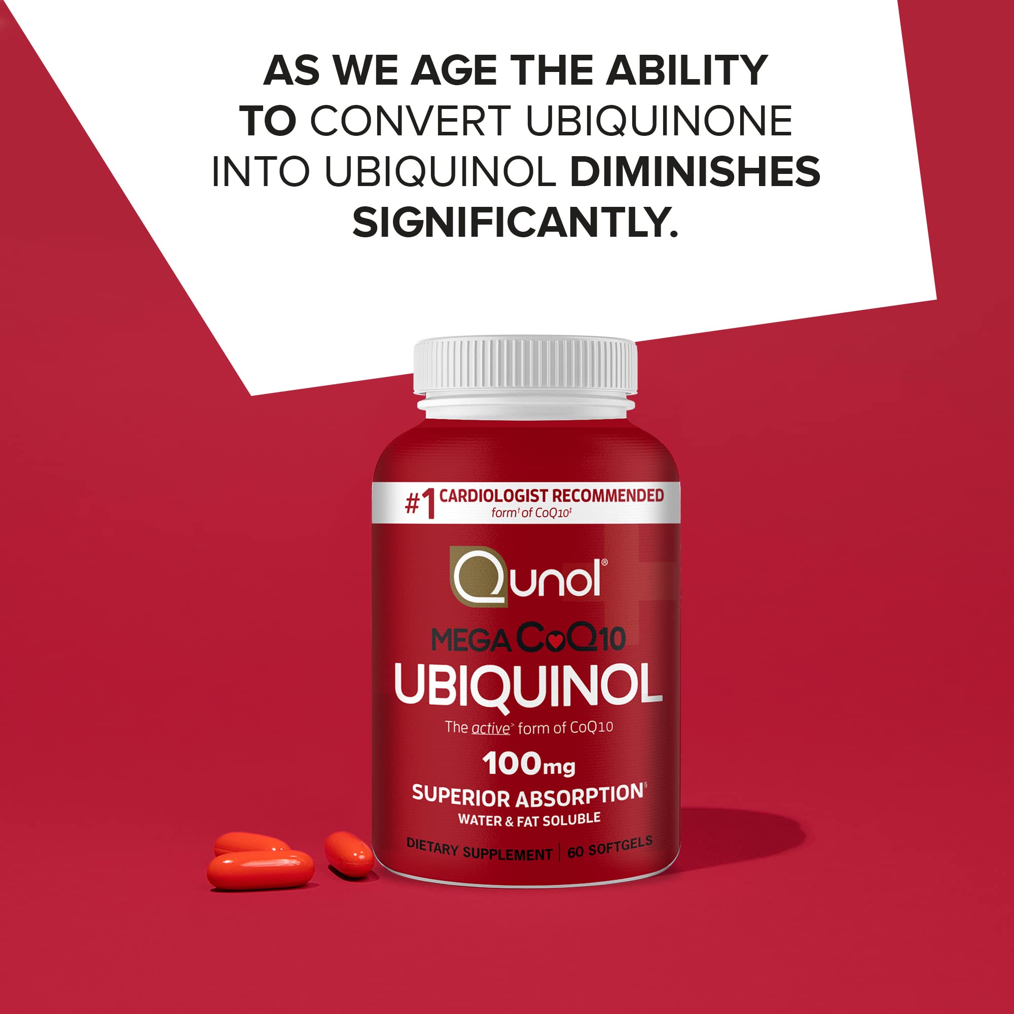 Qunol Mega ubiquinol CoQ10 bottle label shows 100 mg ubiquinol and water- and fat-soluble formula.