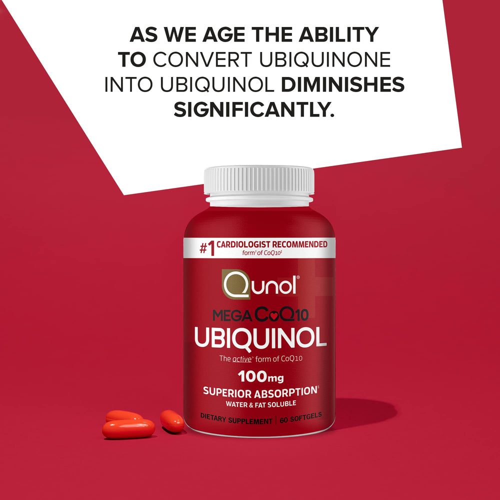 Qunol Mega ubiquinol CoQ10 bottle label shows 100 mg ubiquinol and water- and fat-soluble formula.