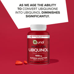 Qunol Mega ubiquinol CoQ10 bottle label shows 100 mg ubiquinol and water- and fat-soluble formula.