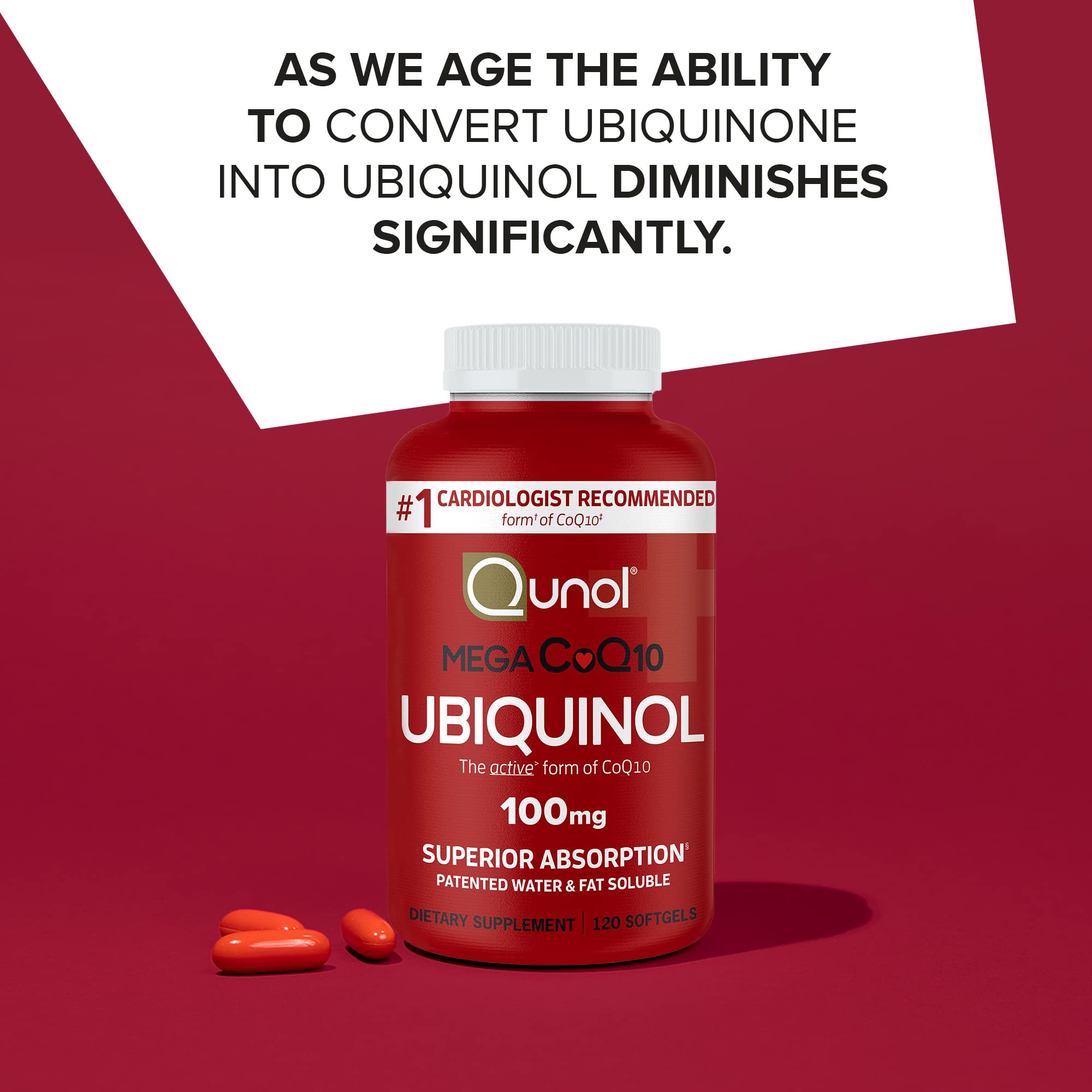 Qunol Mega ubiquinol CoQ10 softgels close-up showing easy-to-take capsules for daily use.