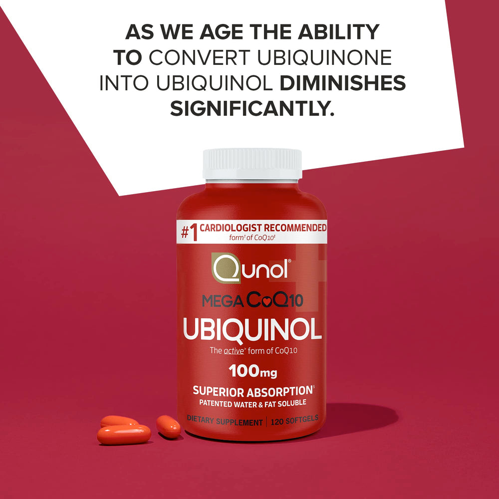 Qunol Mega ubiquinol CoQ10 softgels close-up showing easy-to-take capsules for daily use.