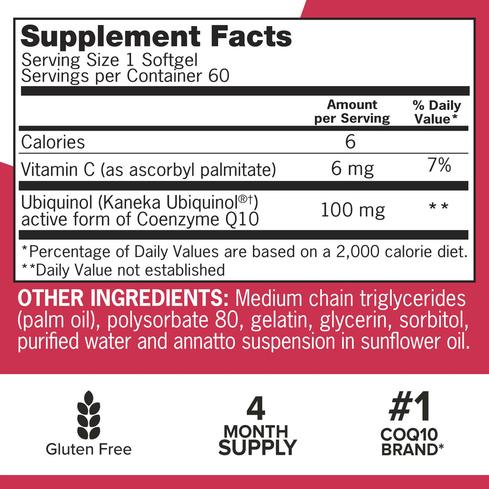 Close-up of Qunol Mega ubiquinol label highlighting water- and fat-soluble formulation for absorption.