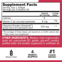 Close-up of Qunol Mega ubiquinol label highlighting water- and fat-soluble formulation for absorption.