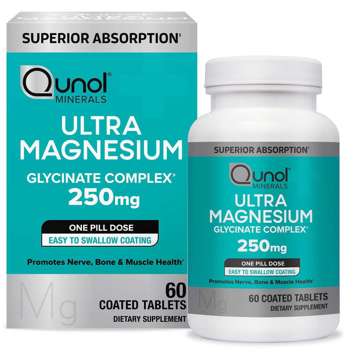 Qunol Magnesium Glycinate bottle front highlighting high-absorption formula for daily muscle and nerve support