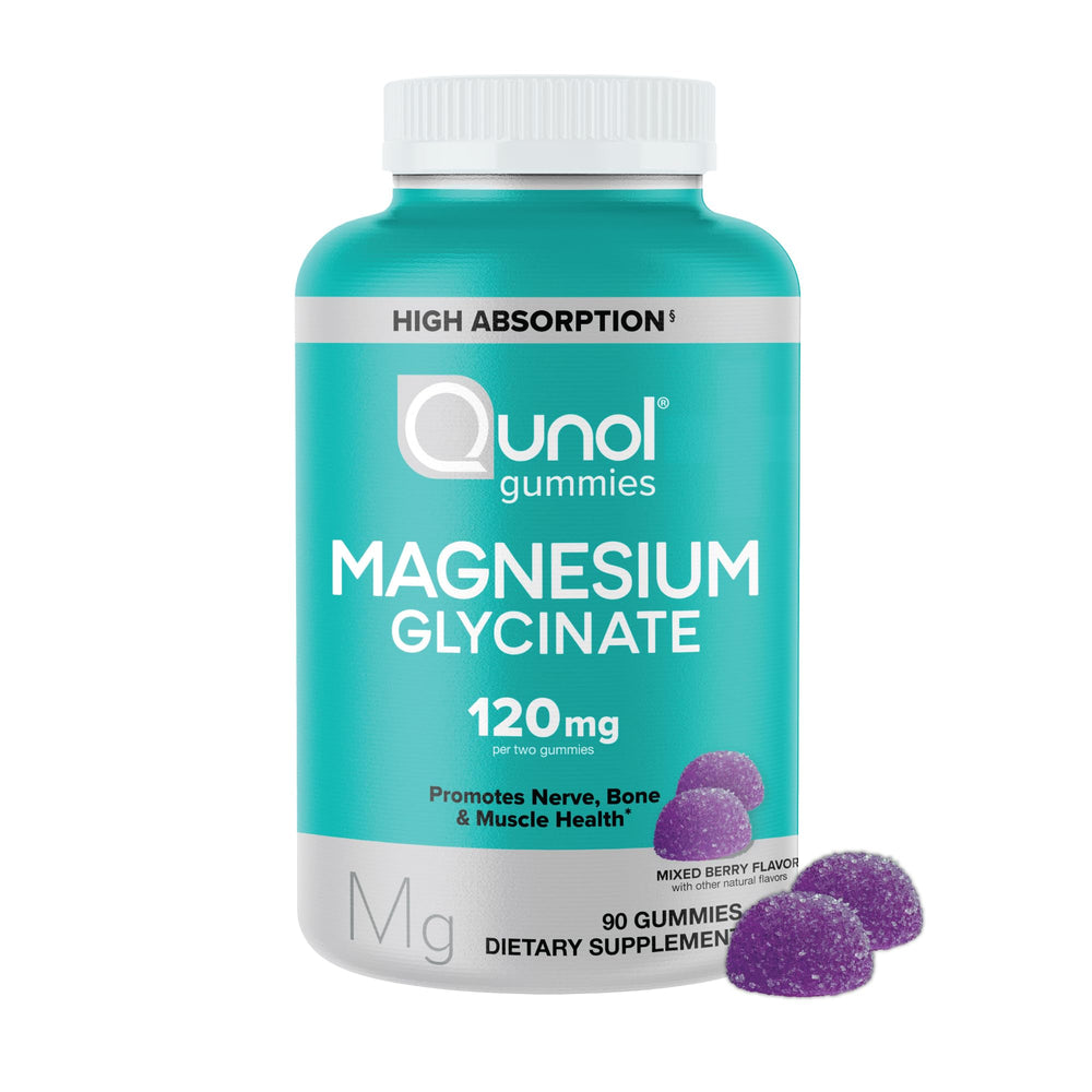 Qunol magnesium glycinate gummies mixed berry bottle promoting easy daily magnesium intake.