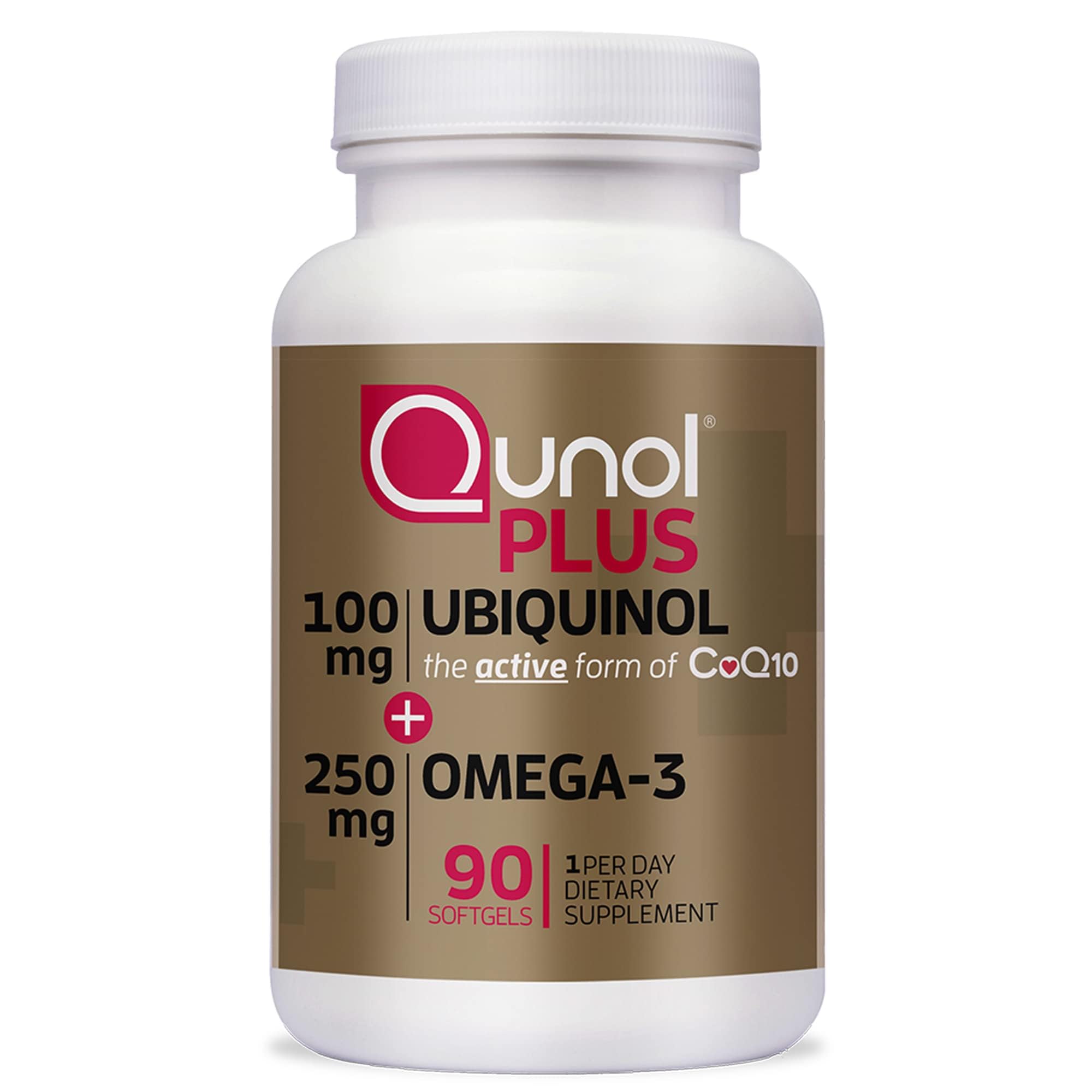 Qunol Plus bottle front label highlights ubiquinol and omega-3 for daily heart support.