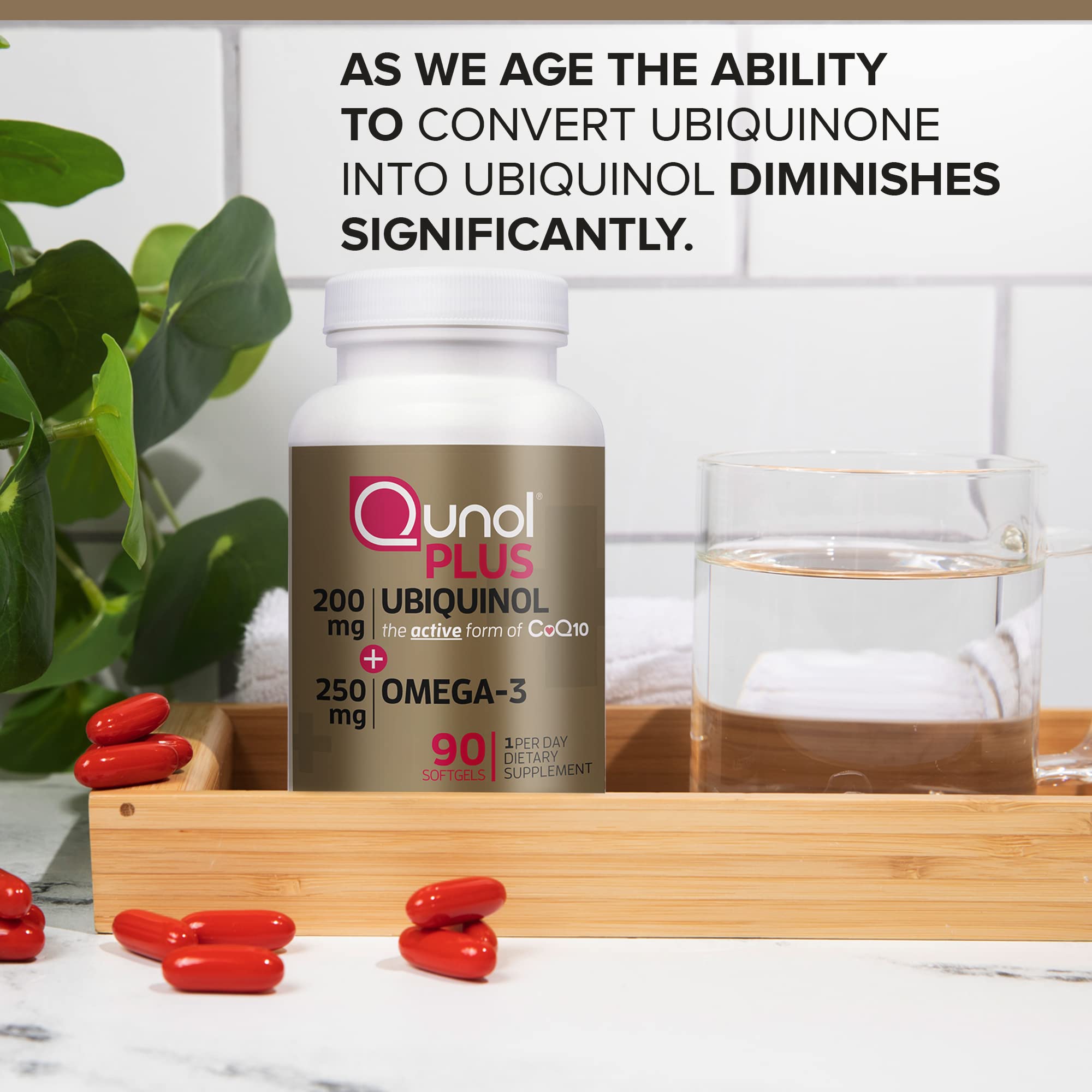 Qunol Plus capsule close-up showing ubiquinol in a convenient dose.