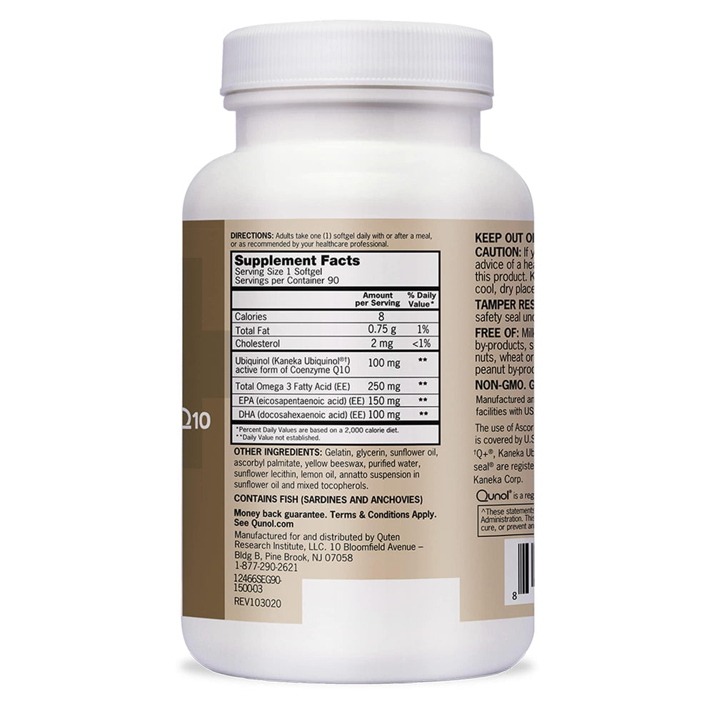 Qunol Plus health-benefits graphics illustrate antioxidant and energy support options.