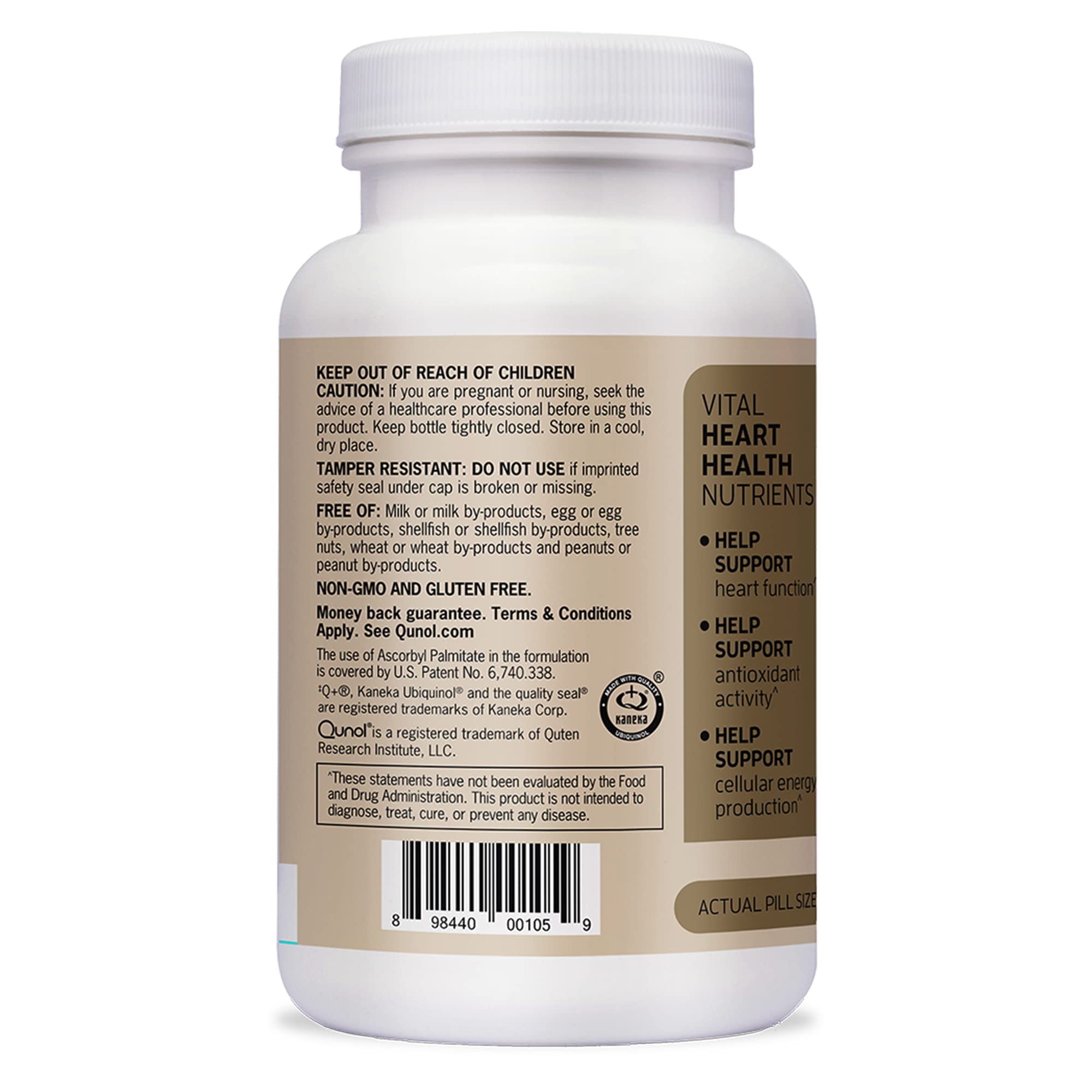 Qunol Plus product label close-up emphasizing quality and ingredients.