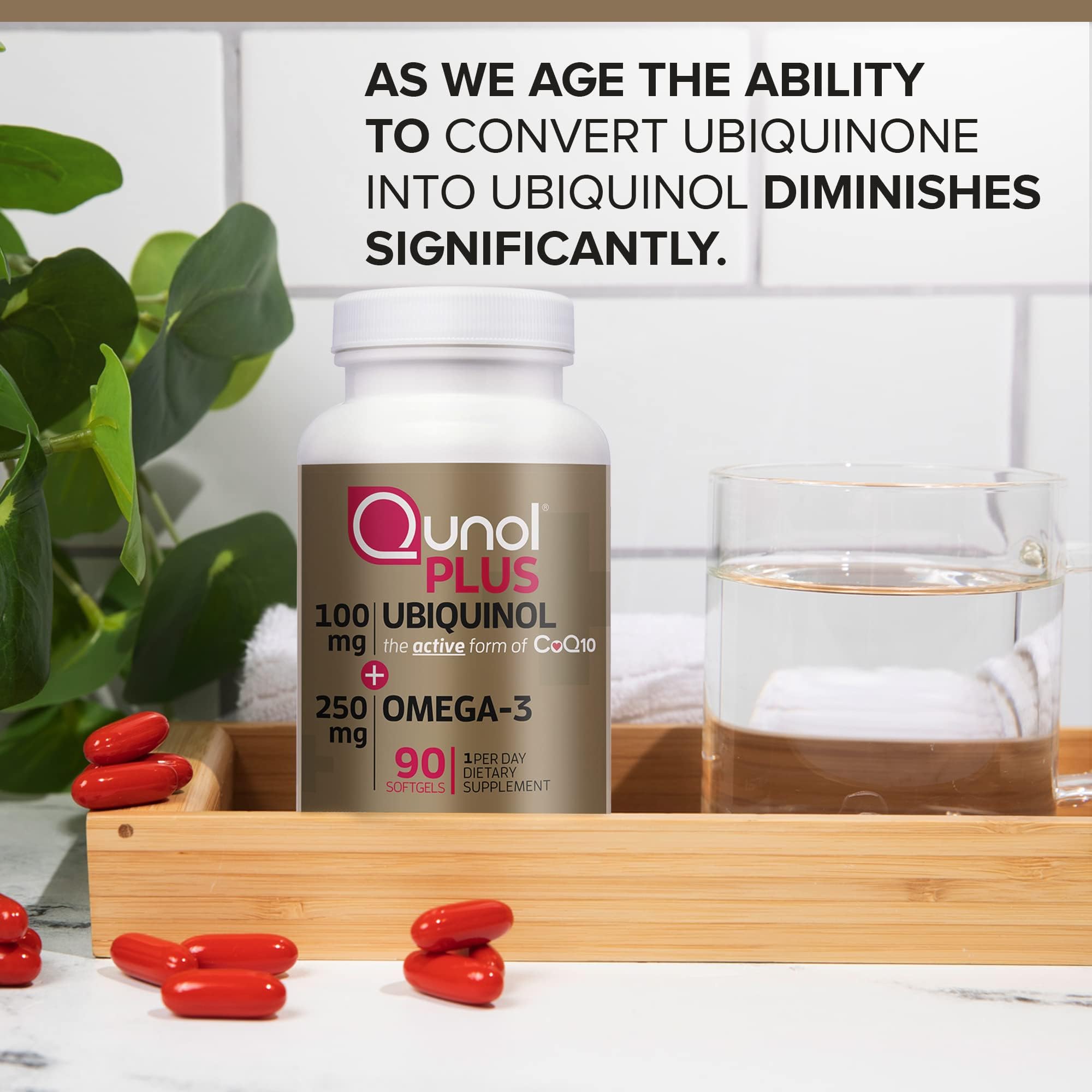 Qunol Plus omega-3 softgels closeup emphasizes essential fatty acids for healthy cells.