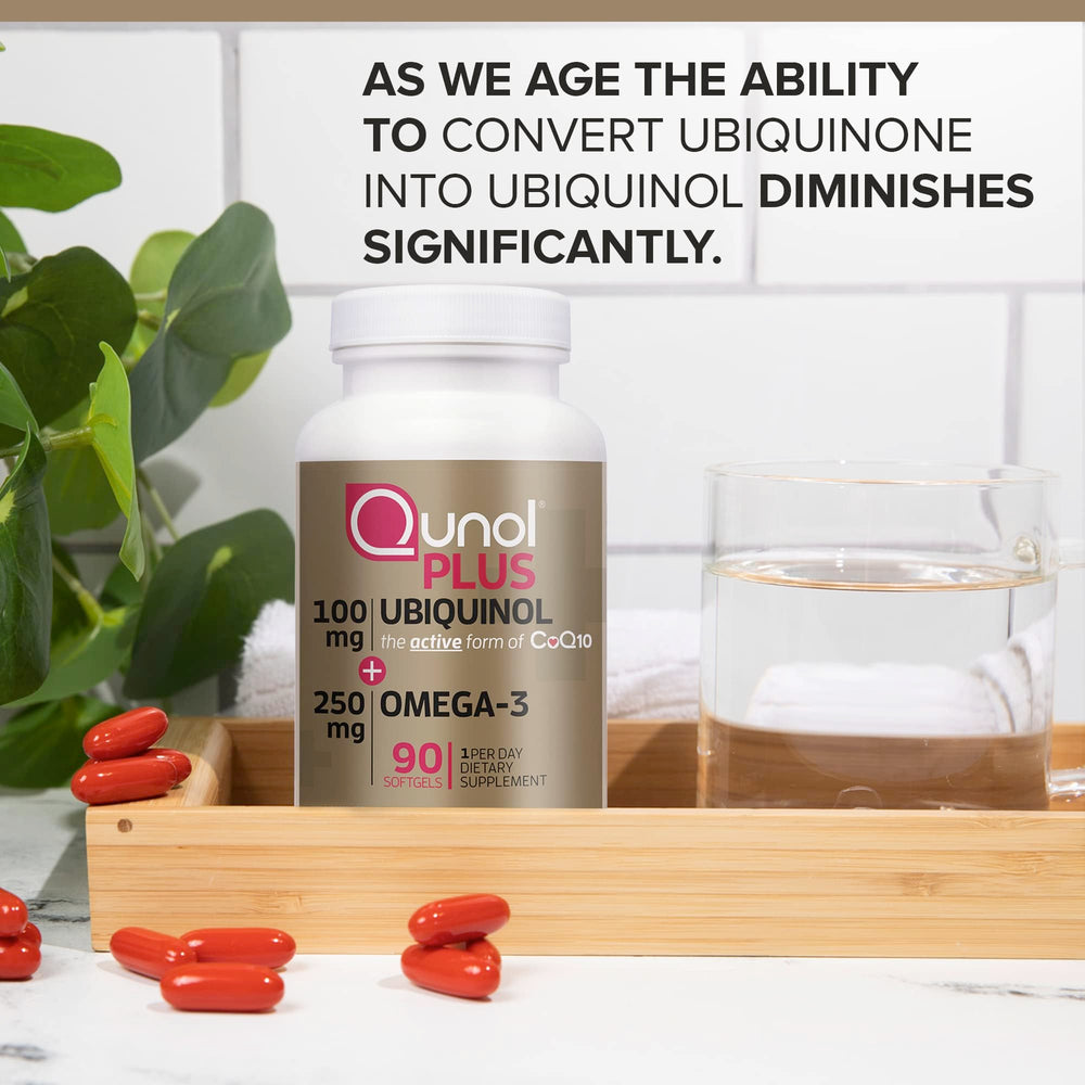 Qunol Plus omega-3 softgels closeup emphasizes essential fatty acids for healthy cells.