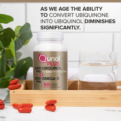 Qunol Plus omega-3 softgels closeup emphasizes essential fatty acids for healthy cells.