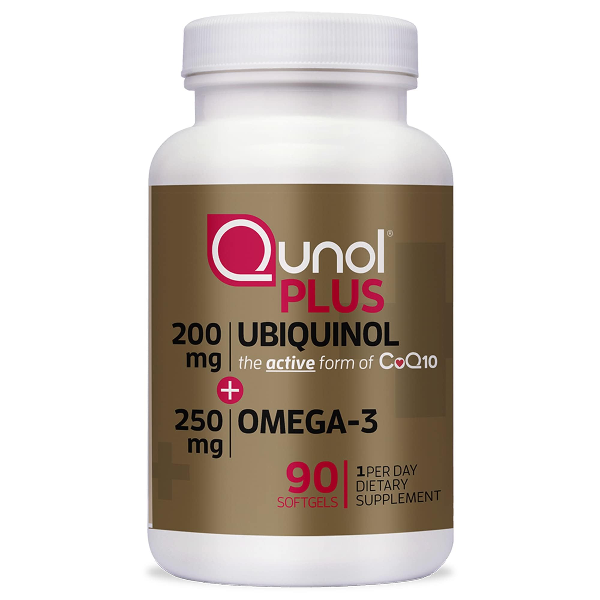 Qunol Plus ubiquinol bottle—CoQ10 with omega-3 for energy support.