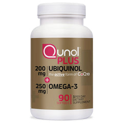 Qunol Plus ubiquinol bottle—CoQ10 with omega-3 for energy support.