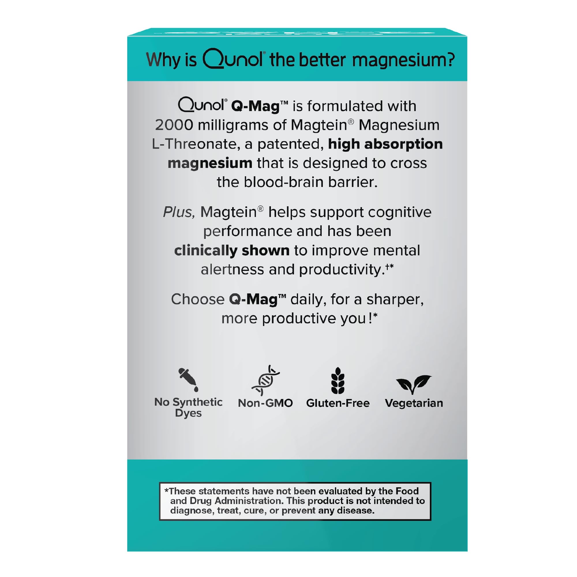 Qunol Q-Mag tablets ready-to-swallow showing easy two-tablet daily serving